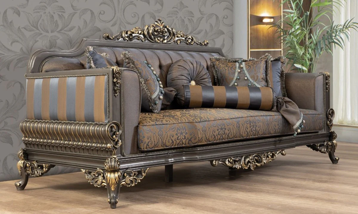 Luxury Baroque Sofa Blue / Gray / Gold 235 x 93 x H. 115 cm - Magnificent handmade living room sofa with decorative pillows - Baroque living room furniture