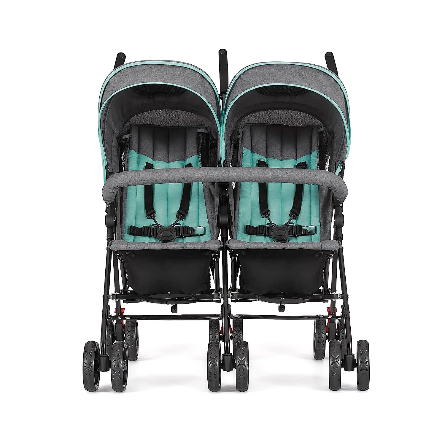 Zwillings-Regenschirm-Kinderwagen in Mint, leichter Doppel-Kinderwagen für Säuglinge und Kleinkinder, kompakt, einfach zusammenklappbar, großer Aufbewahrungskorb, großes und verstellbares Verdeck