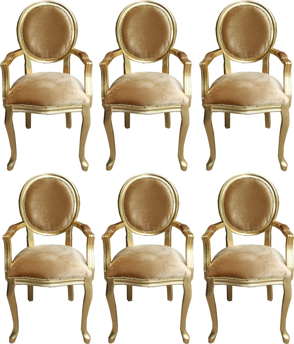 Luxury baroque dining room set medallion gold / gold 58 x 54 x H. 103 cm - 6 handmade dining chairs with armrests - baroque furniture