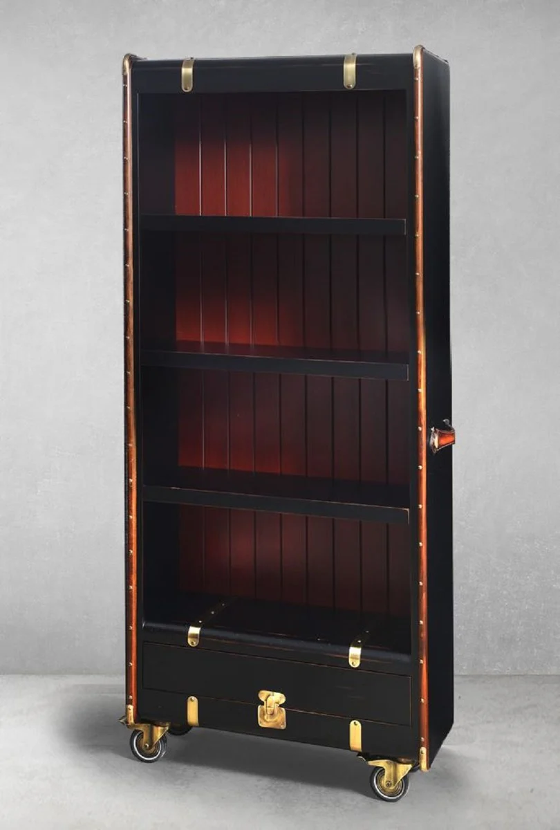 Luxury shelf cabinet in suitcase look black / red / brown / brass 84 x 35 x H. 200 cm - solid wood suitcase cabinet with wheels - office cabinet - office furniture - luxury furniture