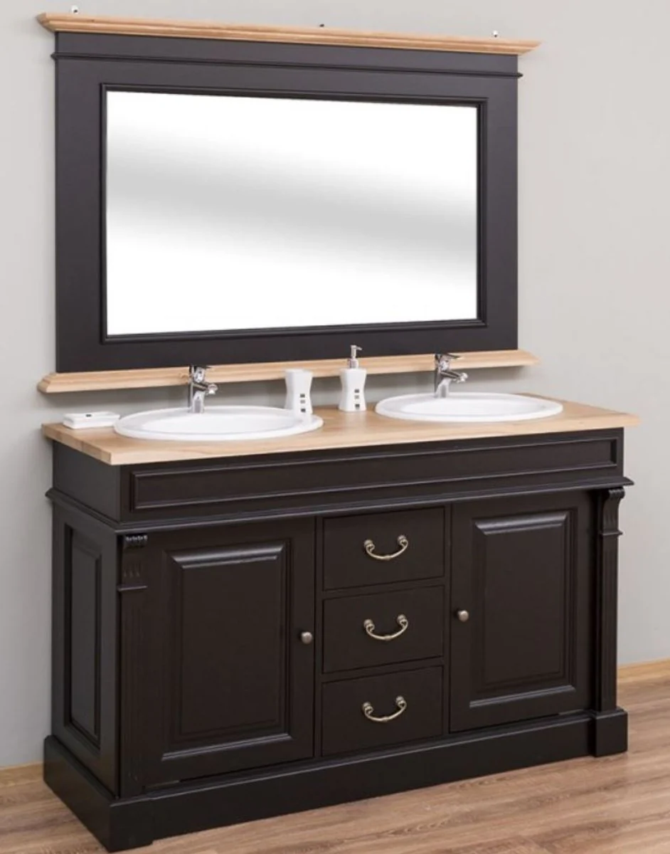 Country house style bathroom set black / natural colors - 1 double washbasin & 1 wall mirror - solid wood bathroom furniture in country house style
