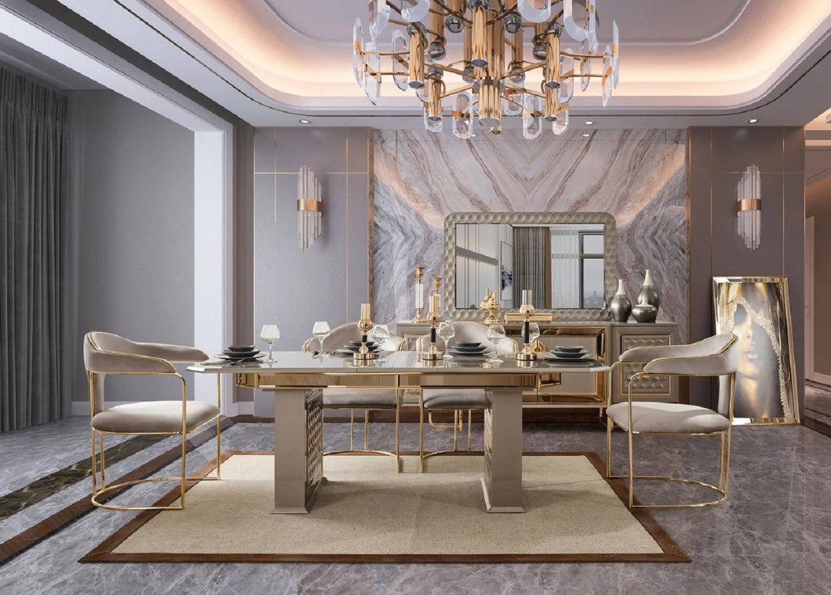 Luxury Art Deco Dining Room Set Gray / Gold - 1 Extendable Dining Table & 4 Chairs