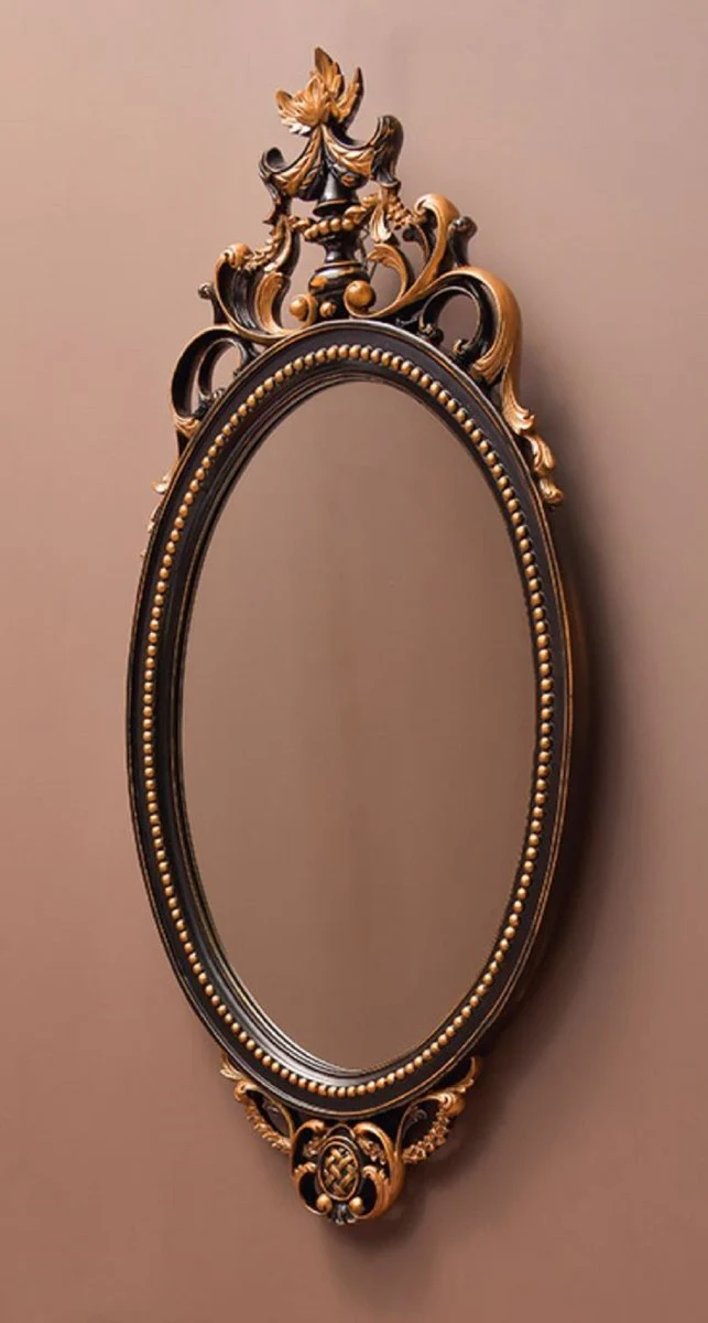 Luxury Baroque Mirror Black / Gold H. 102 cm - Oval Baroque Style Wall Mirror - Made in Italy