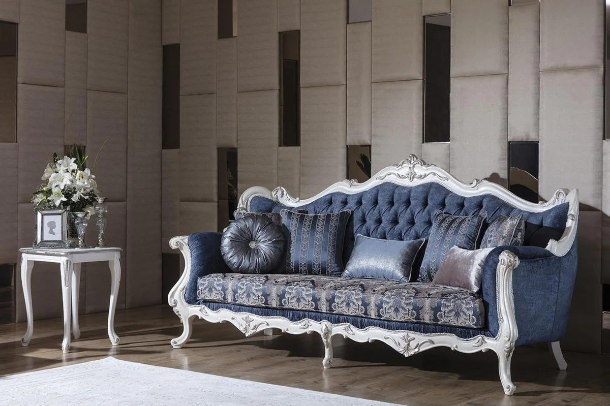 Luxury baroque living room sofa with pattern and decorative pillows blue / white / silver 240 x 90 x H. 120 cm - Magnificent baroque furniture