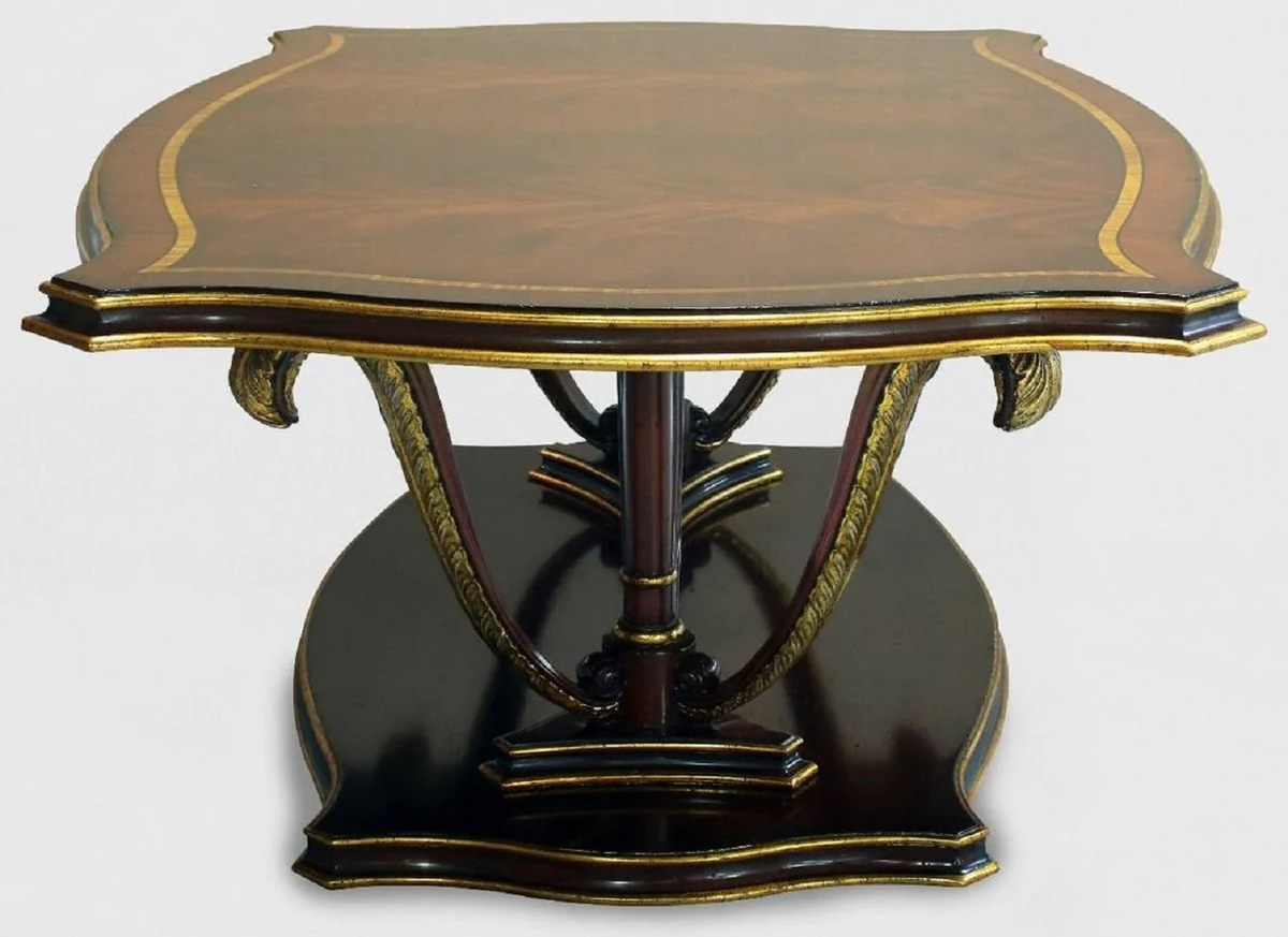 Luxury baroque coffee table brown / gold 130 x 90 x H. 44 cm - mahogany living room table with decorative hand-carved feathers - noble baroque style living room furniture