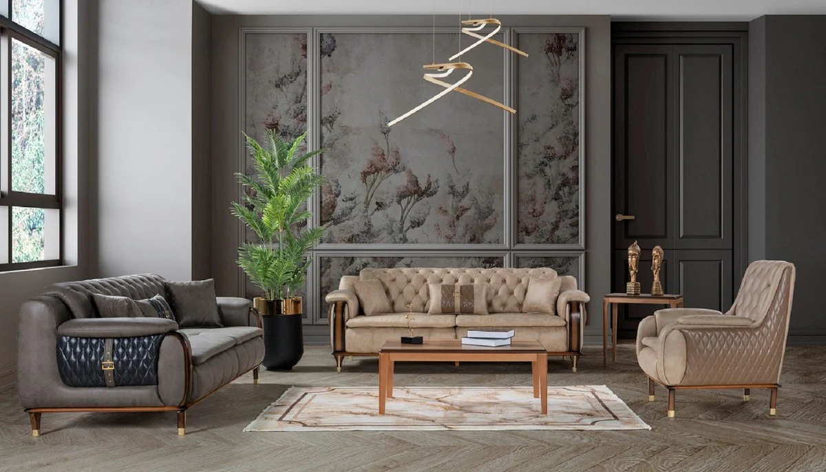 Luxury Chesterfield armchair beige / brown / black / gold 75 x 88 x H. 95 cm - Modern living room armchair - Living room furniture