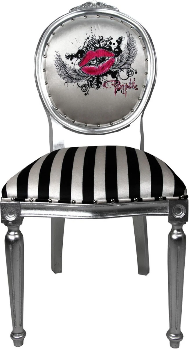 Pompöös by Luxury Baroque Dining Room Chairs Pink Lips Black / White Stripes / Silver - Pompöös Baroque Chairs designed by Harald Glööckler - 6 dining chairs