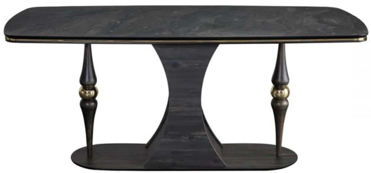 Luxury Art Deco dining table gray / black / brass 183 x 92 x H. 77 cm - Elegant dining room table with glass top in marble look - Art Deco dining room furniture