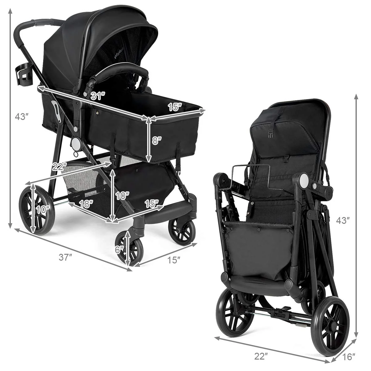 Kinderwagen, umwandelbarer Hochformat-Kinderwagen mit Stubenwagen, verstellbares Verdeck und Rückenlehne, Aufbewahrungskorb, Getränkehalter, faltbarer Kinderwagen für Neugeborene (Rosa)