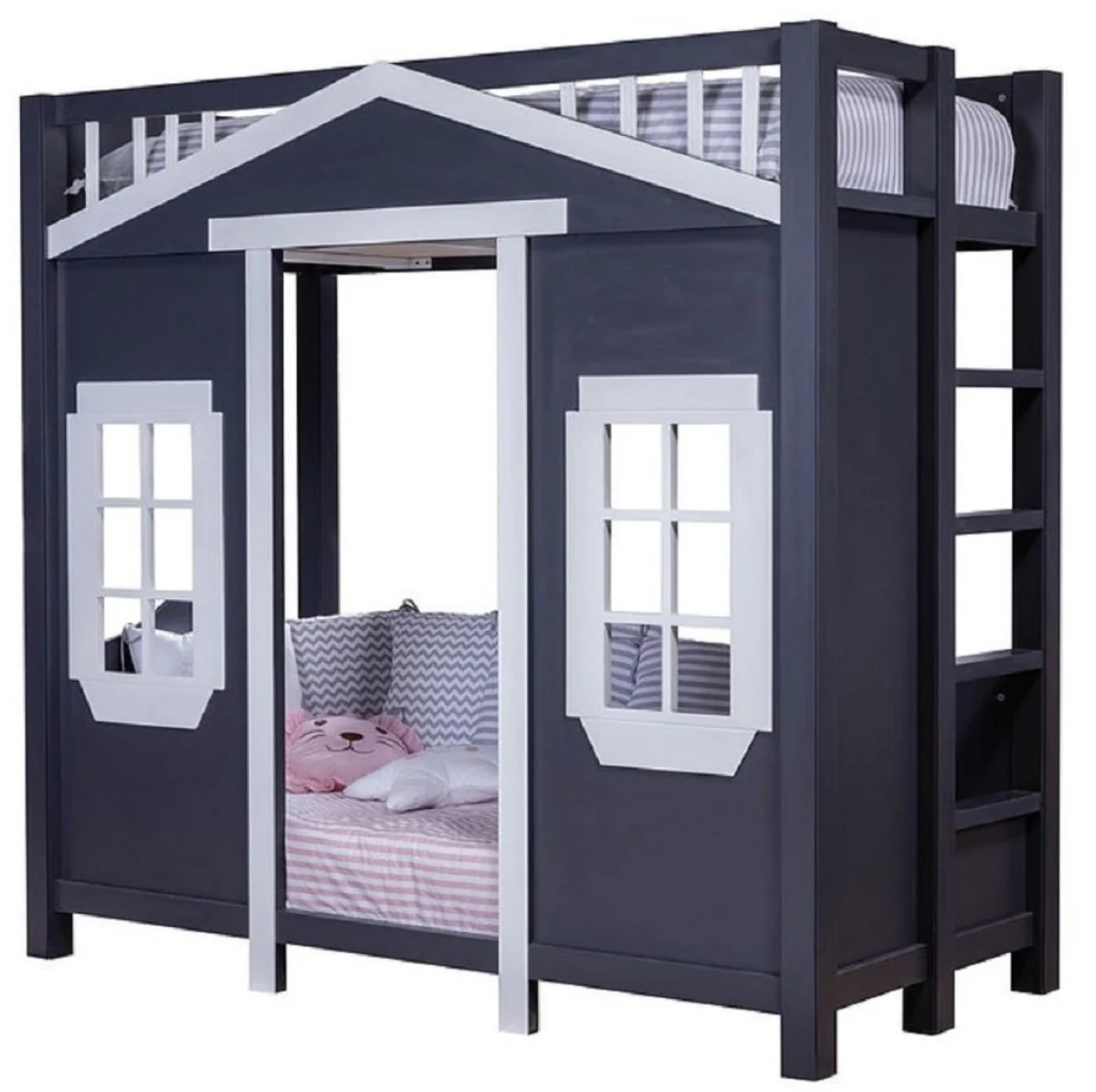 Country house style children's house bed dark blue / gray 208 x 102 x H. 196 cm - children's loft bed with ladder - country house style children's room furniture