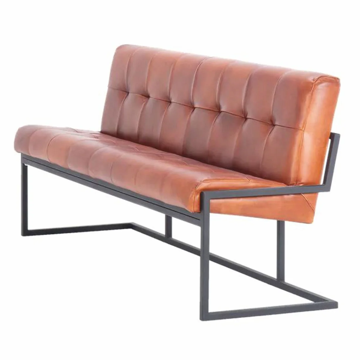 Luxury Chesterfield genuine leather bench light brown / black 200 cm - genuine leather furniture