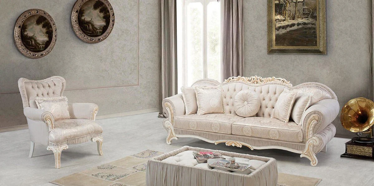 Luxus Barock Wohnzimmer Set Rosa / Weiß / Beige - 2 Sofas mit Muster & 2 Sessel mit Muster & 1 Couchtisch - Prunkvolle Barock Wohnzimmer Möbel