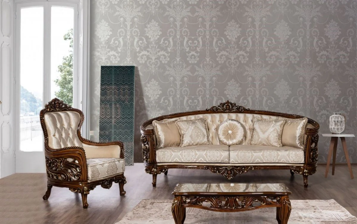 Luxury Baroque Sofa Beige / Brown / Gold - Magnificent living room sofa with elegant pattern - Baroque living room furniture