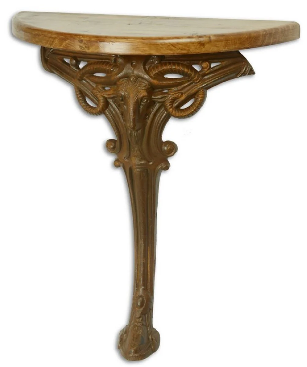 Baroque side table light brown / rust colored 63 x 31 x H. 65.5 cm - Half round table with wooden top and cast iron leg - Baroque wall table