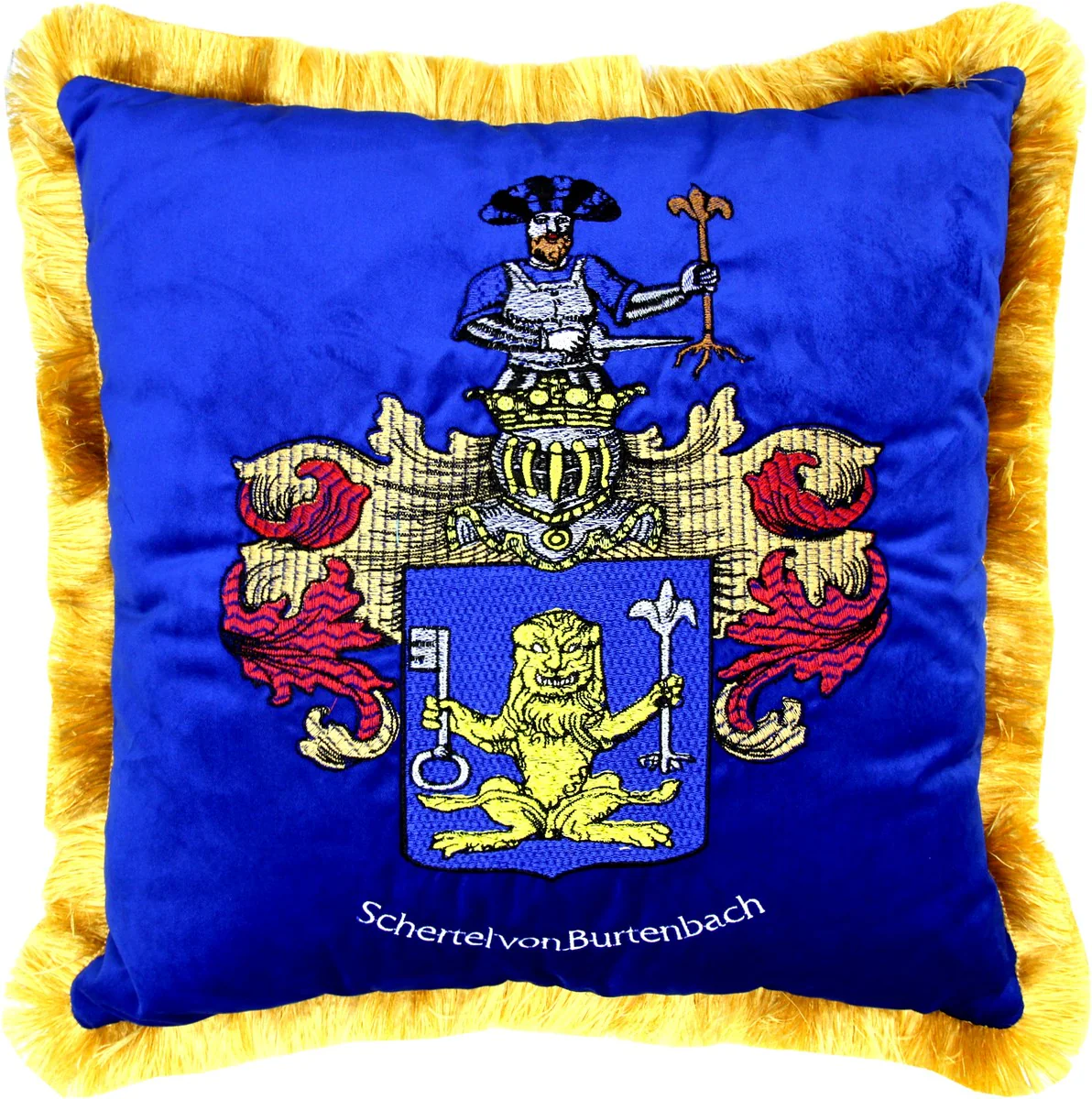 Luxus Deko Kissen Wappen Freiherr Schertel von Burtenbach Royalblau / Gold