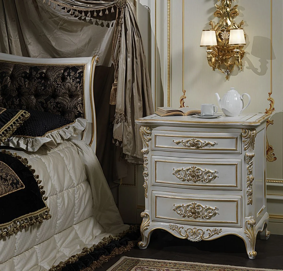 Luxury Baroque nightstand white / gold 56 x 39 x H. 72 cm - Magnificent Baroque bedside table - Bedroom furniture - Hotel furniture - Castle furniture - Luxury quality - Made in Italy