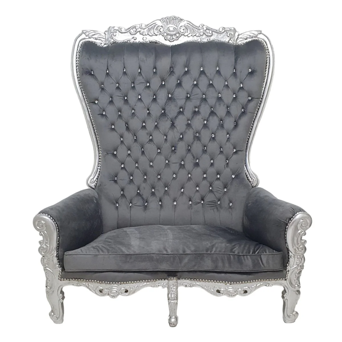 Baroque Double Throne Armchair Gray Silver Bling Stones Furniture