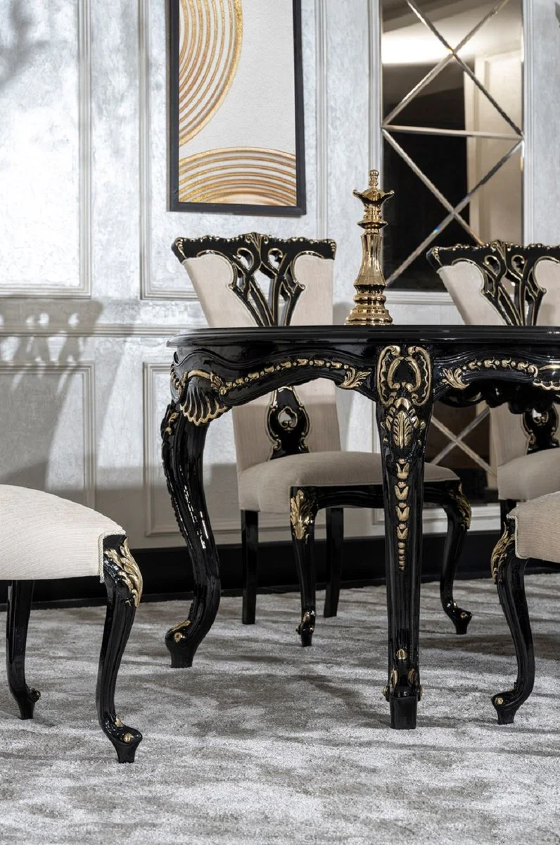 Luxury Baroque Dining Room Set Cream / Black / Gold - 1 Baroque Dining Table & 6 Baroque Dining Chairs - Luxury Dining Room Furniture in Baroque Style - Magnificent Baroque Dining Room Furniture
