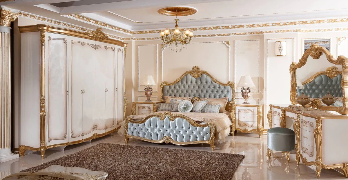 Luxury Baroque Bedroom Set White / Brown / Gold / Turquoise - 1 Baroque Dressing Table & 1 Baroque Mirror & 1 Baroque Stool - Baroque Bedroom Furniture - Noble & Magnificent