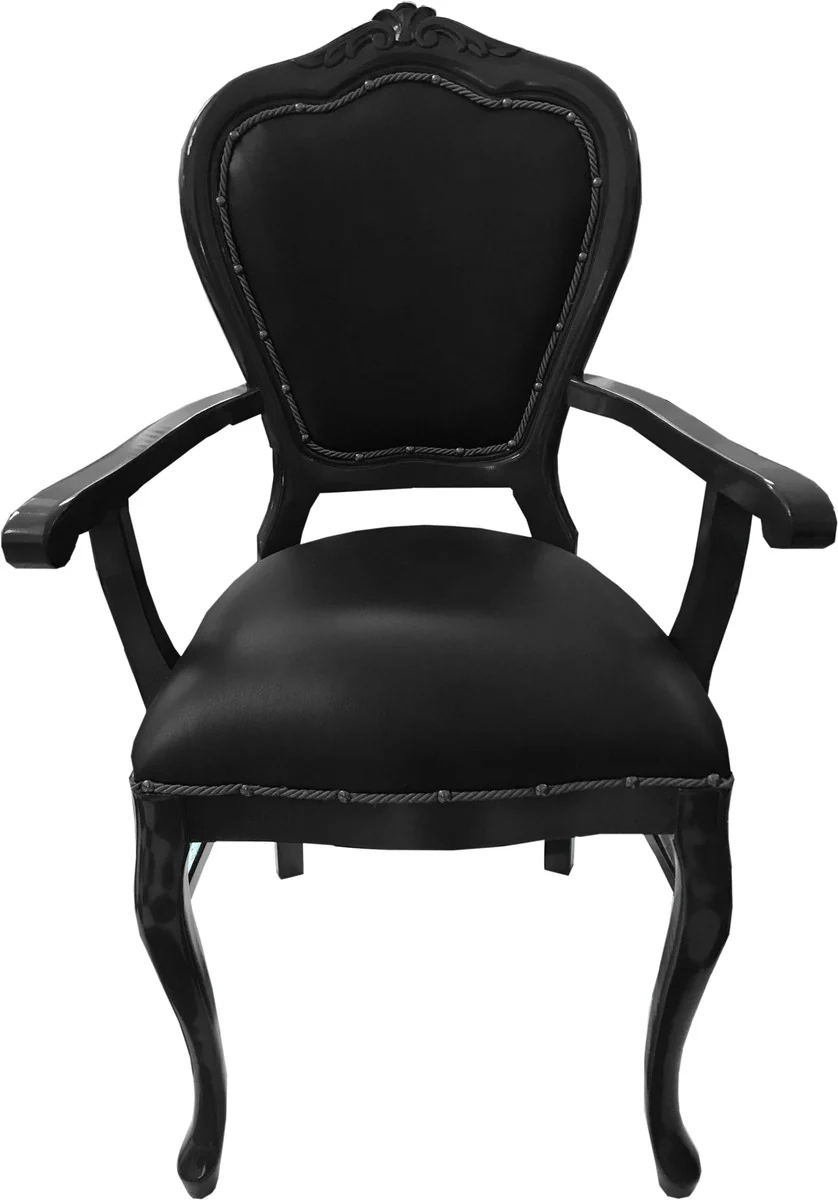 Baroque luxury real leather dining room chair black / black with armrests - handmade furniture with real leather