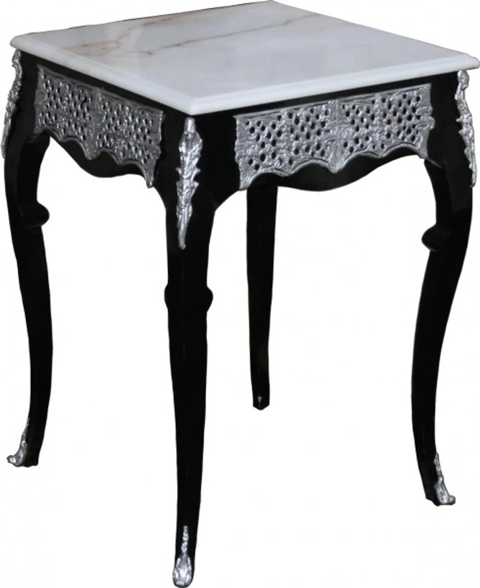 Baroque side table with marble top height 80 cm, width 55 cm, black / white / silver - antique style