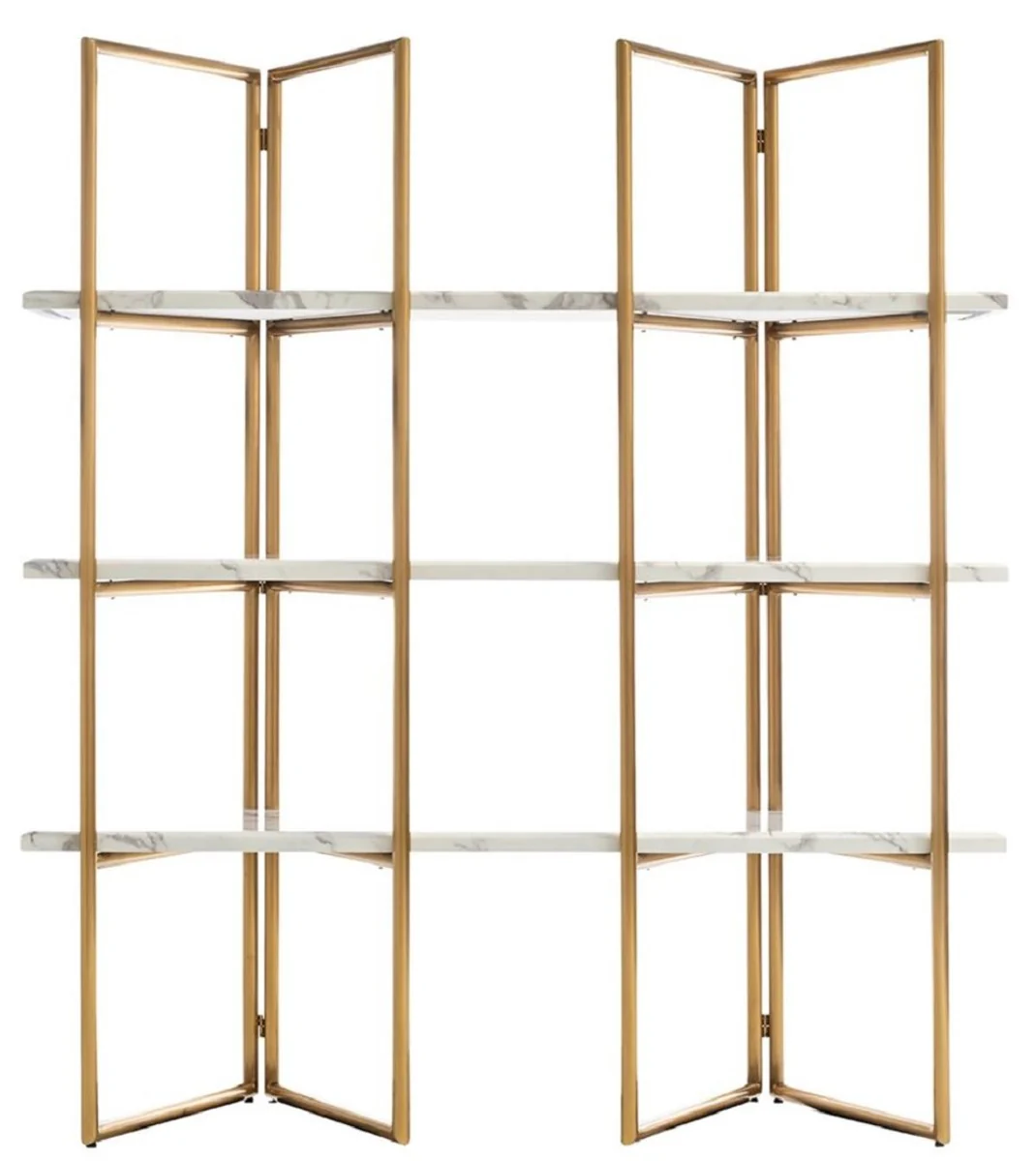 Luxury shelf cabinet gold / white 165 x 46.5 x H. 185 cm - stainless steel cabinet with 3 artificial marble shelves - living room cabinet - bookcase - living room furniture