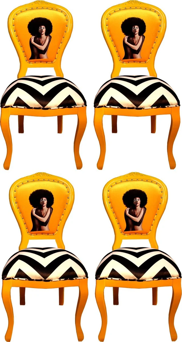 Luxury Baroque dining room set black / white stripes / yellow 55 x 54 x H. 103 cm - 4 handmade designer dining room chairs - Baroque dining room furniture