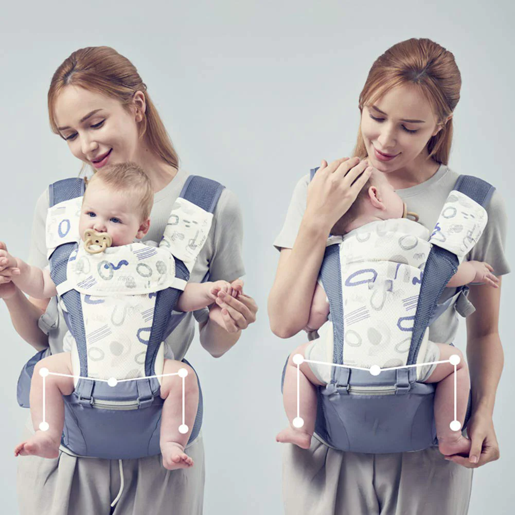 Babytrage für Neugeborene bis Kleinkinder, Baby-Hüfttrage mit Kopfhaube, Taillenverlängerung und 3 Beißpolstern (grau)