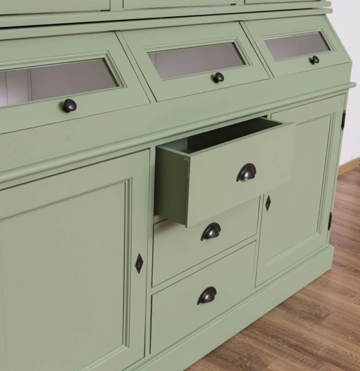 Country house style kitchen cabinet light green / white 164 x 50 x H. 226 cm - 2-piece solid wood dining room cabinet - country house style dining room furniture