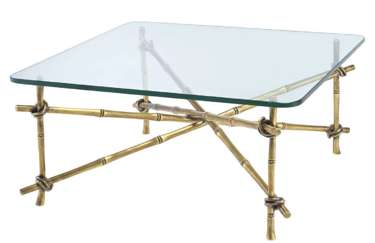 Luxury coffee table vintage brass colored 70 x 70 x H. 32.5 cm - brass living room table with glass top - luxury furniture