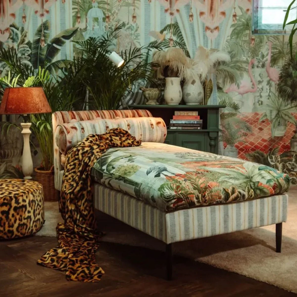 Luxury chaise longue multicolored / black 84 x 164 x H. 80 cm - Living room lounge chair - Recamiere - Living room furniture - Luxury furniture