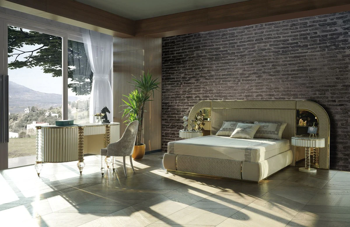 Luxus Art Deco Schminkkommode Weiß / Gold 188 cm - Luxus Art Deco Schlafzimmer Möbel