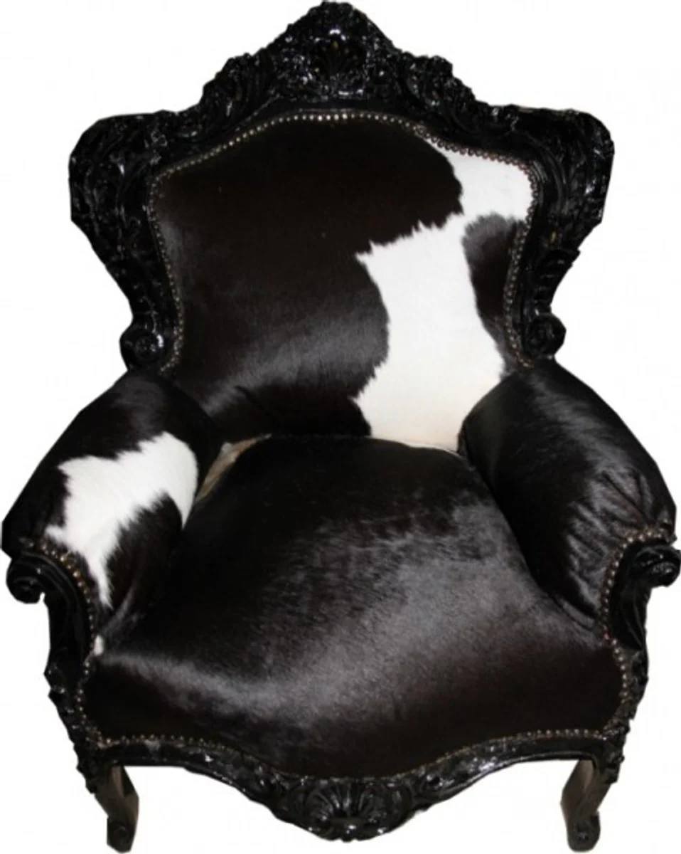 Baroque Armchair King Cowhide / Black - Real Cowhide - Antique Setil Fur Armchair - Furniture