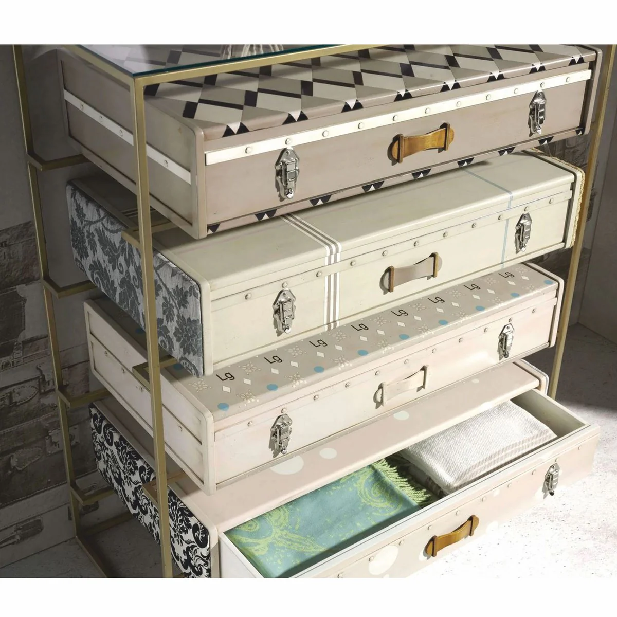 Luxury designer suitcase chest of drawers with 4 drawers colorful - luxury furniture