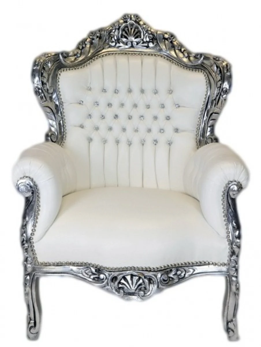 Barock Sessel King Weiss Lederoptik / Silber mit Bling Bling Glitzersteinen - Lounge Möbel