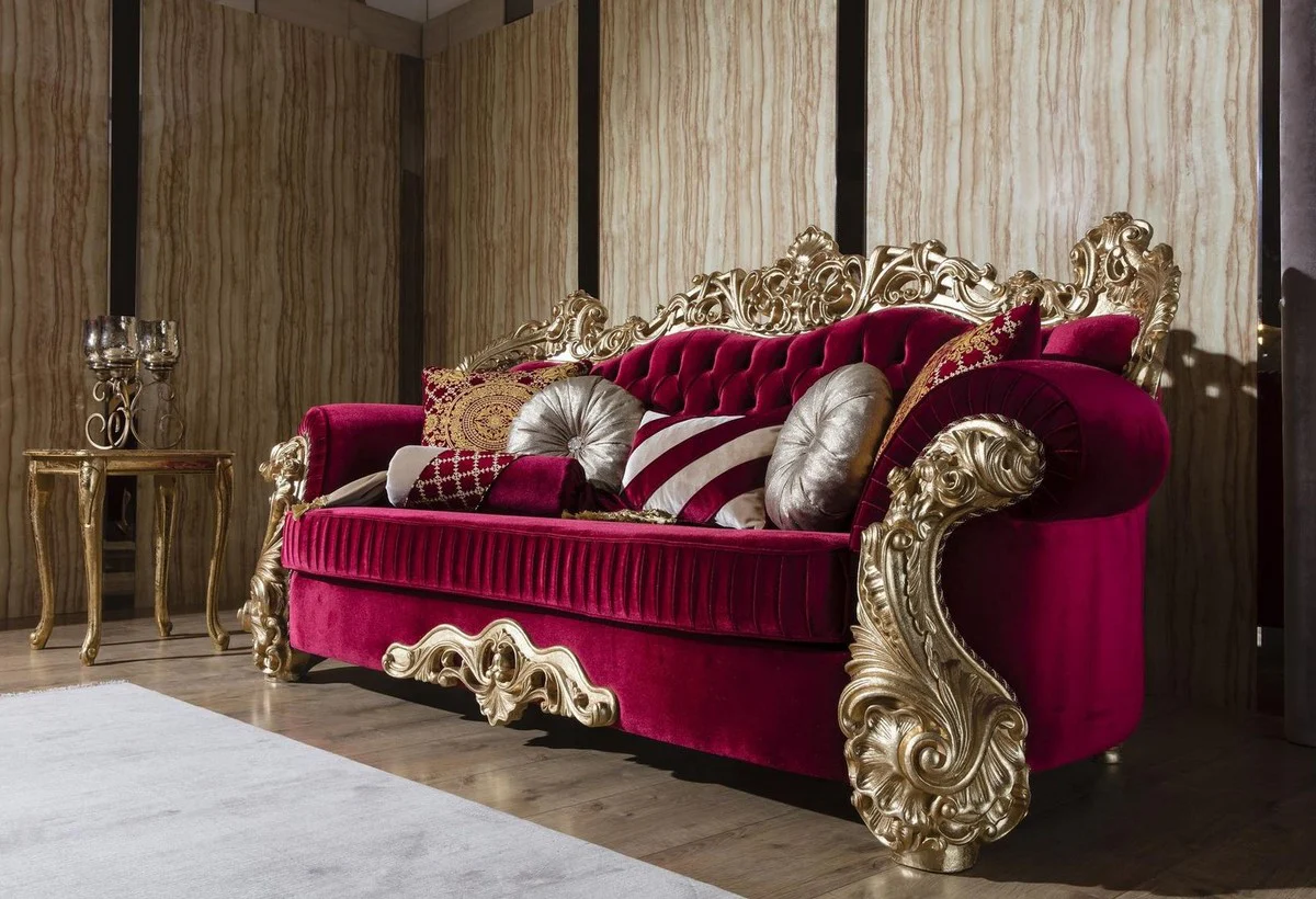 Luxury Baroque sofa Bordeaux red / gold 244 x 95 x H. 123 cm - Magnificent living room sofa with decorative pillows - Baroque living room furniture