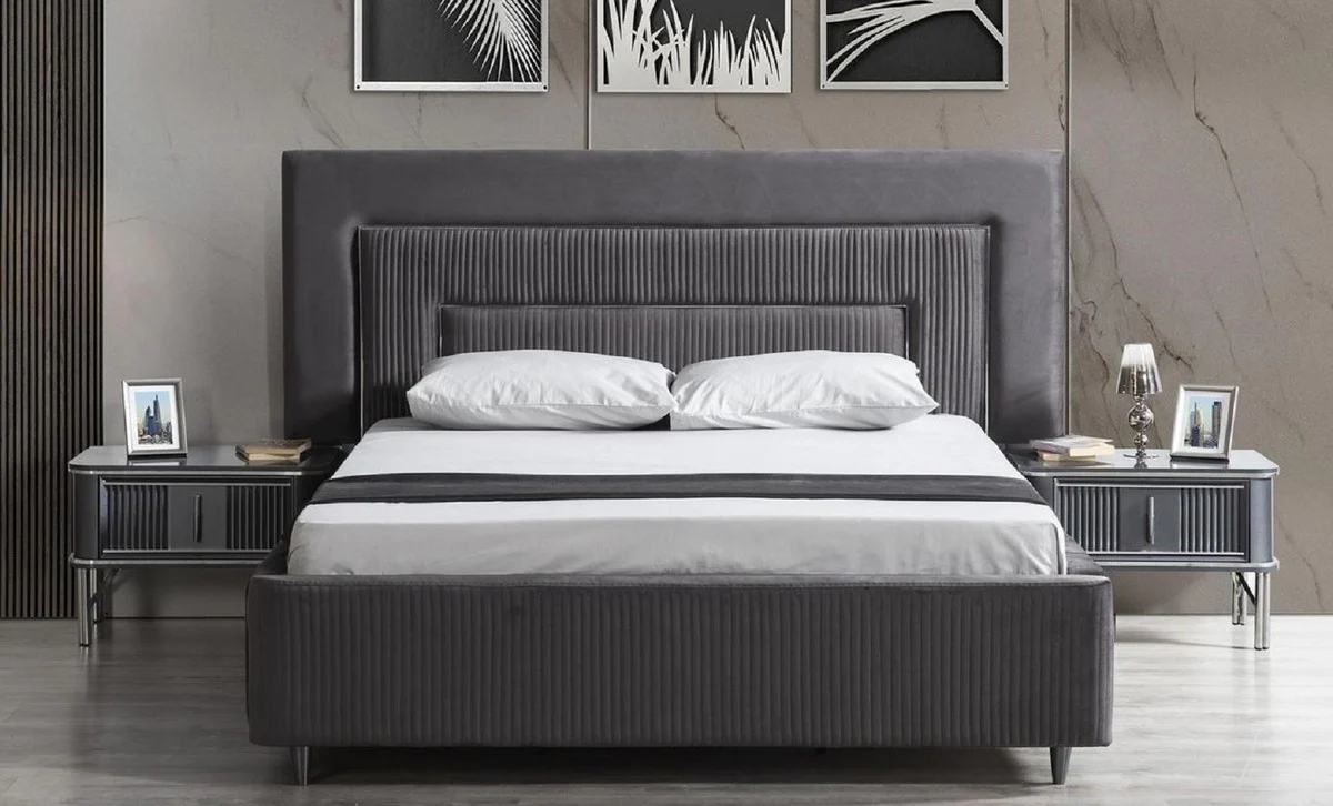 Luxury Bedroom Set Gray / Silver - 1 Double Bed with Headboard & 2 Bedside Tables - Luxury Bedroom Furniture