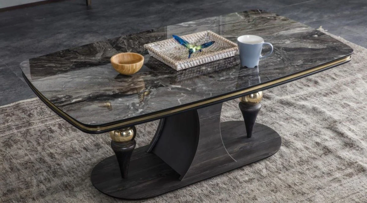 Luxury Art Deco coffee table black / gray / brass 120 x 70 x H. 46 cm - Rectangular living room table with glass top in marble look - Furniture