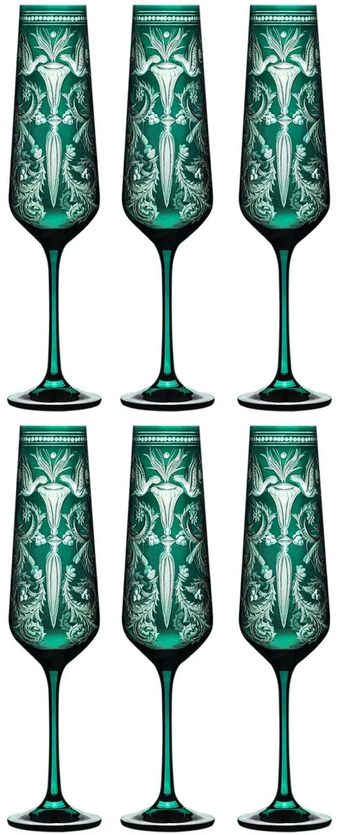 Luxury champagne glasses set of 6 green / silver Ø 6.5 x H. 26.5 cm - handmade and hand-engraved champagne glasses - hotel & restaurant accessories - luxury quality