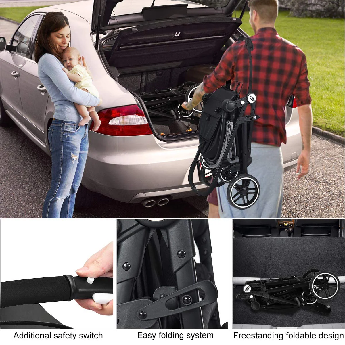 Kinderwagen, Hochformat-Kinderwagen und umkehrbarer Stubenwagen, faltbarer Kinderwagen mit verstellbarem Verdeck, Getränkehalter, Aufbewahrungskorb, gefederten Rädern (schwarz)