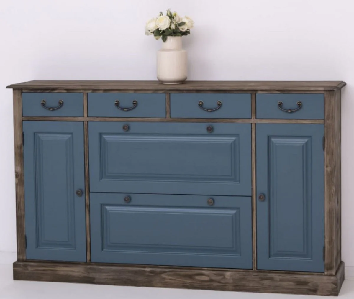 Country house style chest of drawers blue / black 176 x 35 x H. 105 cm - Solid wood cabinet with 6 drawers and 2 doors - Country house style furniture - Country house style furniture - Country house style furnishings