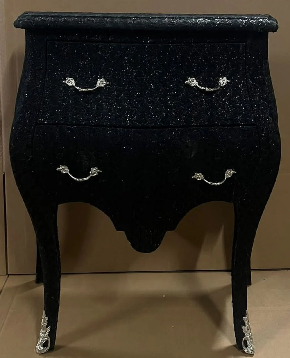 Baroque chest of drawers black glitter look / silver - handmade baroque style night dresser with 2 drawers - baroque furniture - bedroom furniture in baroque style