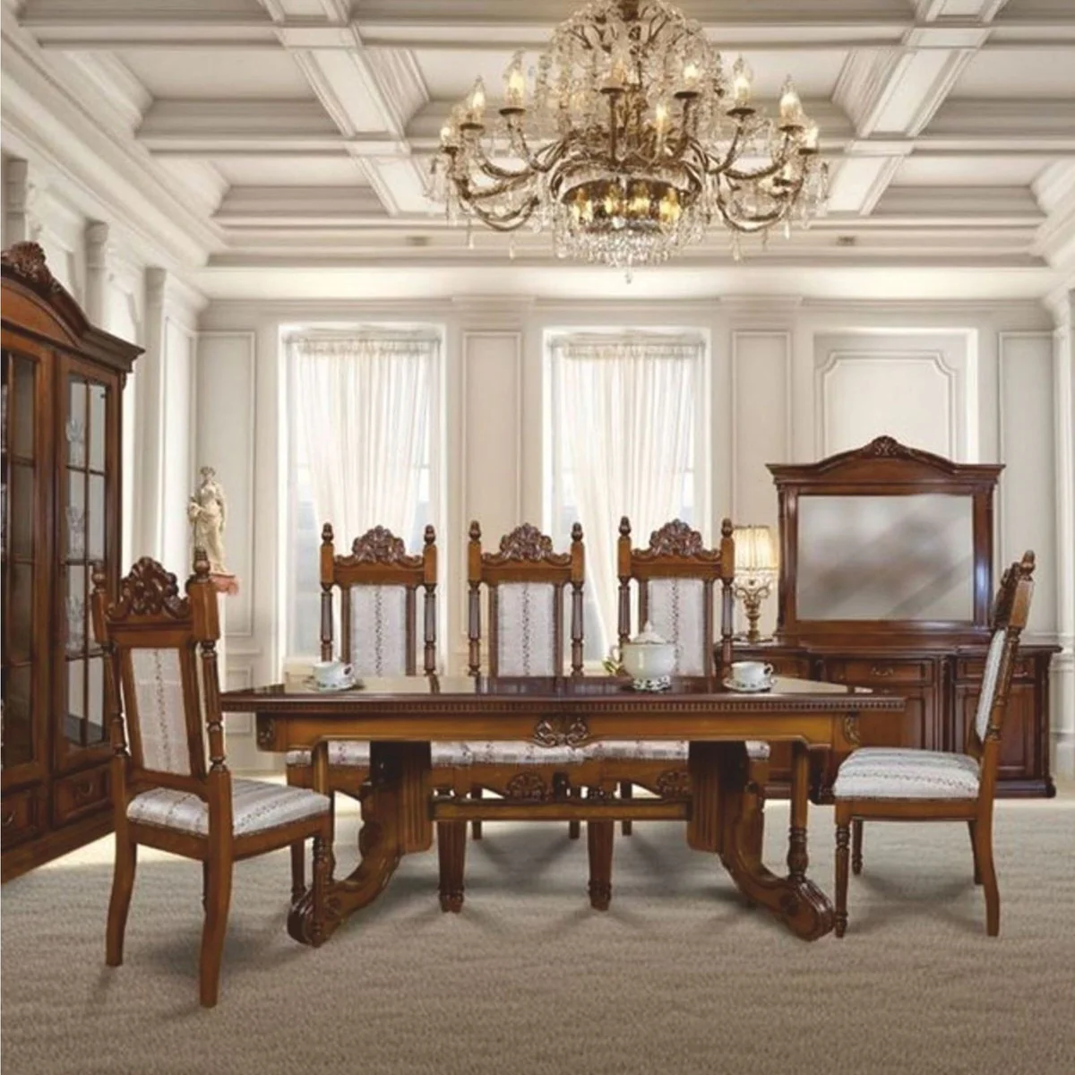 Luxury Baroque Dining Room Set Brown / Silver - 1 extendable dining table & 8 chairs