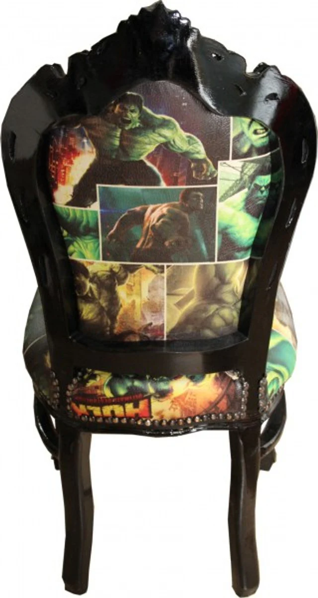 Baroque Dining Room Chair Comic Design / Black Leather Look Furniture Antique Style - Limited Edition!