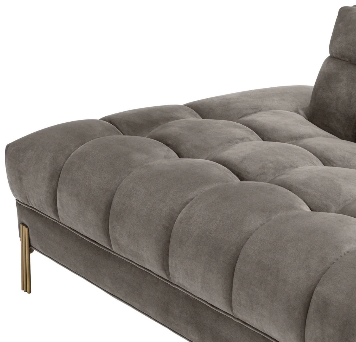Luxury lounge sofa gray - greige / brass colored 223 x 95 x H. 68 cm - right-side living room sofa with elegant velvet fabric and 2 cushions