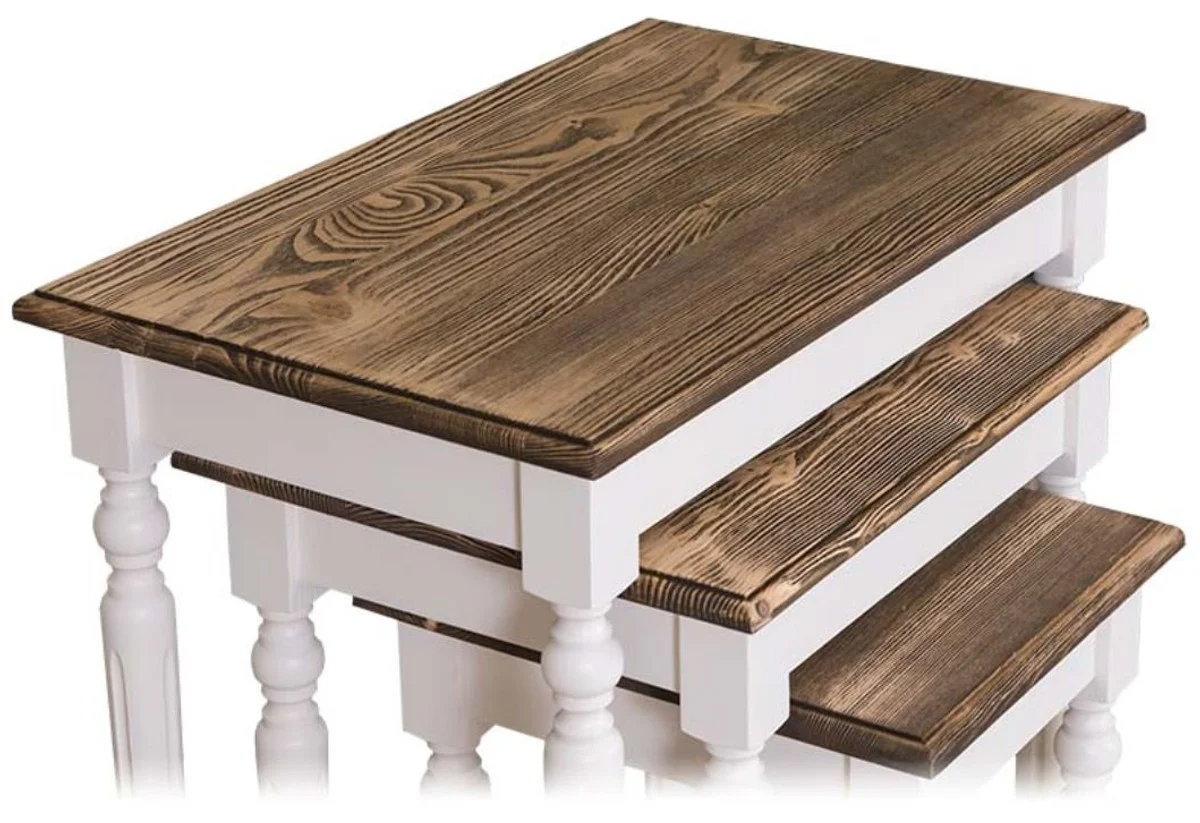 Country house style side table set of 3 white / brown - country house style solid wood furniture