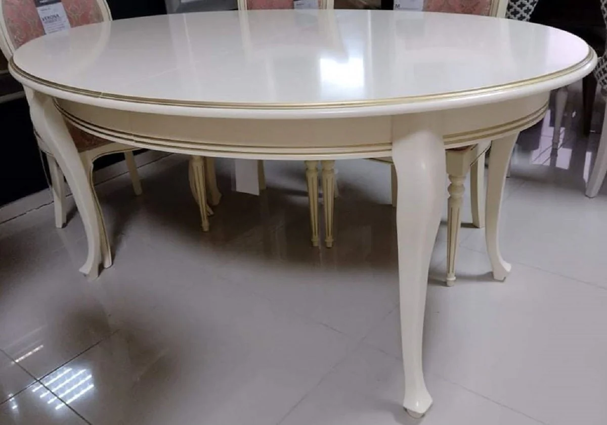 Luxury Art Nouveau dining table cream / gold 160-360 x 110 x H. 78 cm - Oval extendable solid wood dining room table - Baroque & Art Nouveau dining room furniture