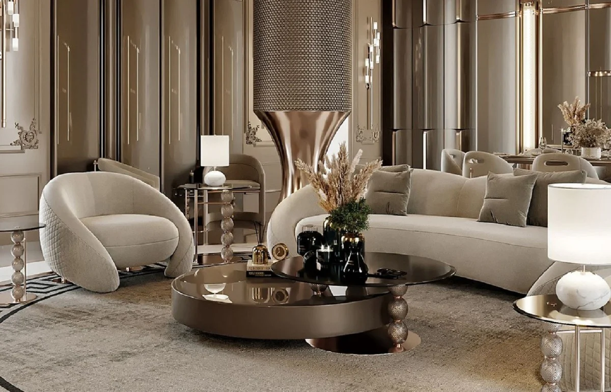 Luxury living room set light gray / copper / black - 2 luxury sofas & 2 luxury armchairs & 1 luxury coffee table & 2 luxury side tables - living room furniture - luxury furniture