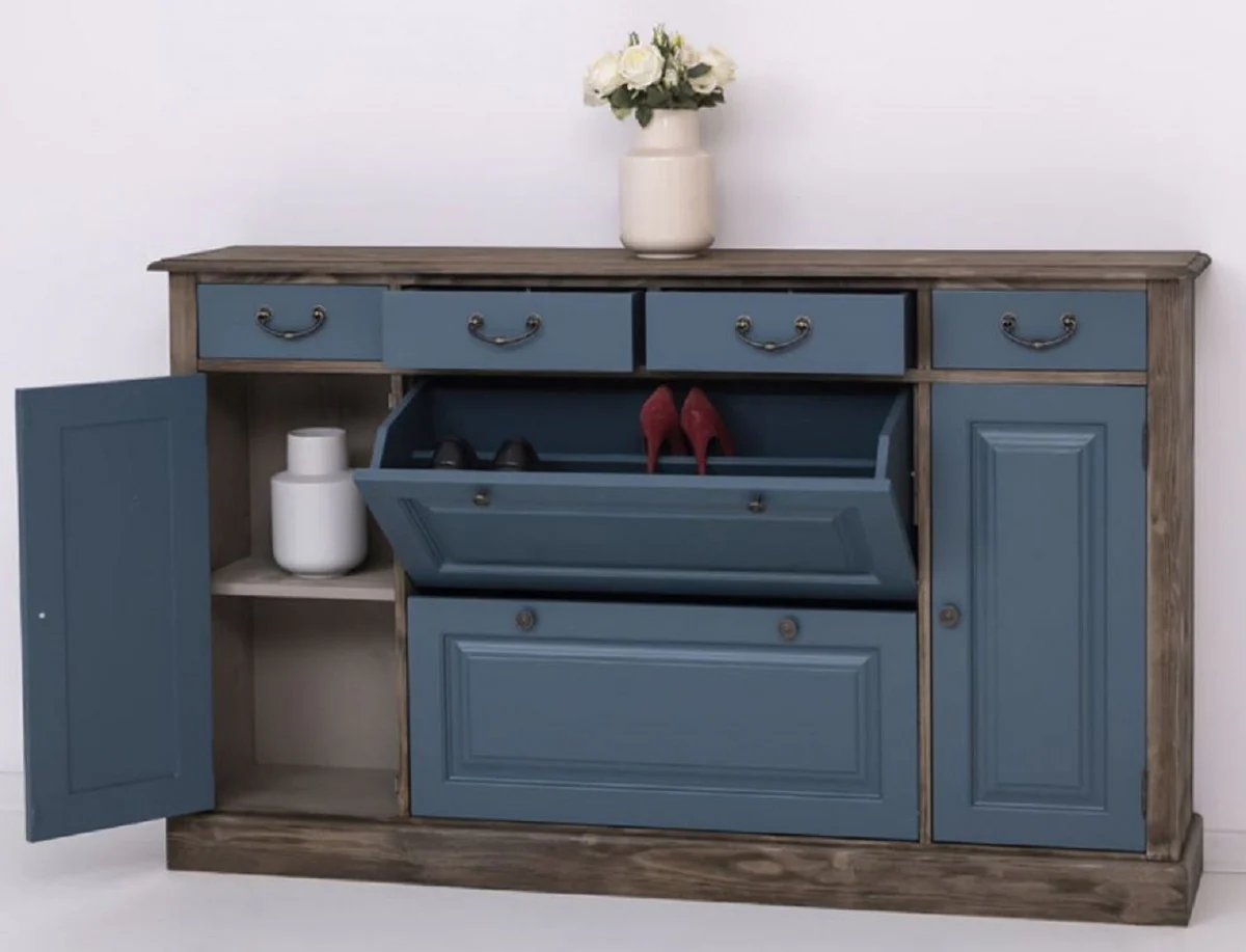 Country house style chest of drawers blue / black 176 x 35 x H. 105 cm - Solid wood cabinet with 6 drawers and 2 doors - Country house style furniture - Country house style furniture - Country house style furnishings