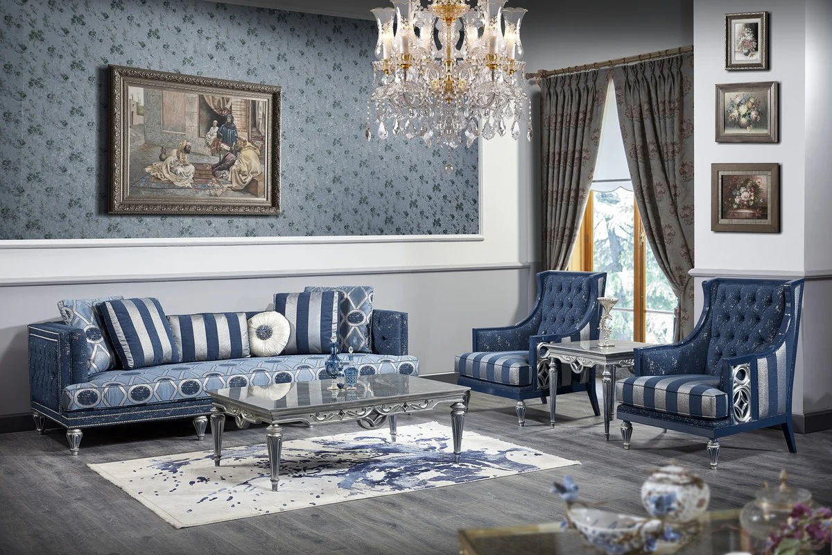 Luxury Baroque Chesterfield sofa dark blue / light blue / silver 250 x 92 x H. 85 cm - Baroque living room furniture